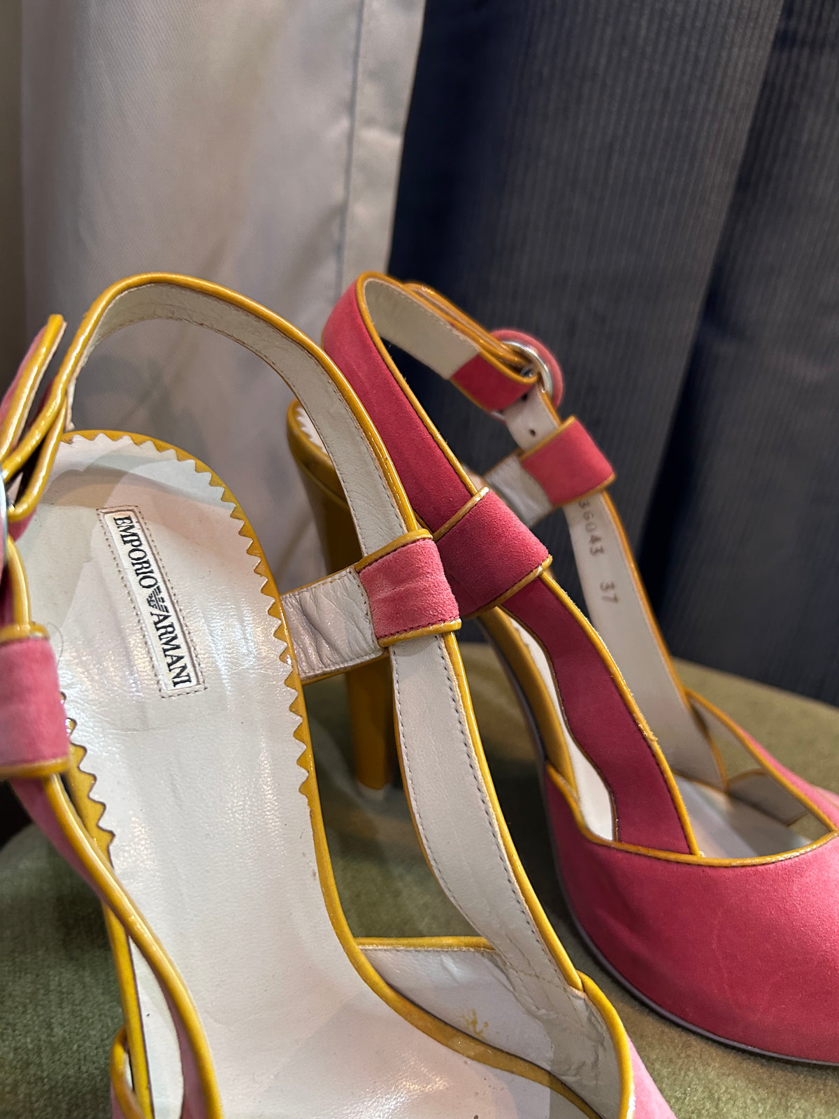 Emporio Armani Pink Suede & Mustard Yellow Leather Heeled Sandals (Size 37)