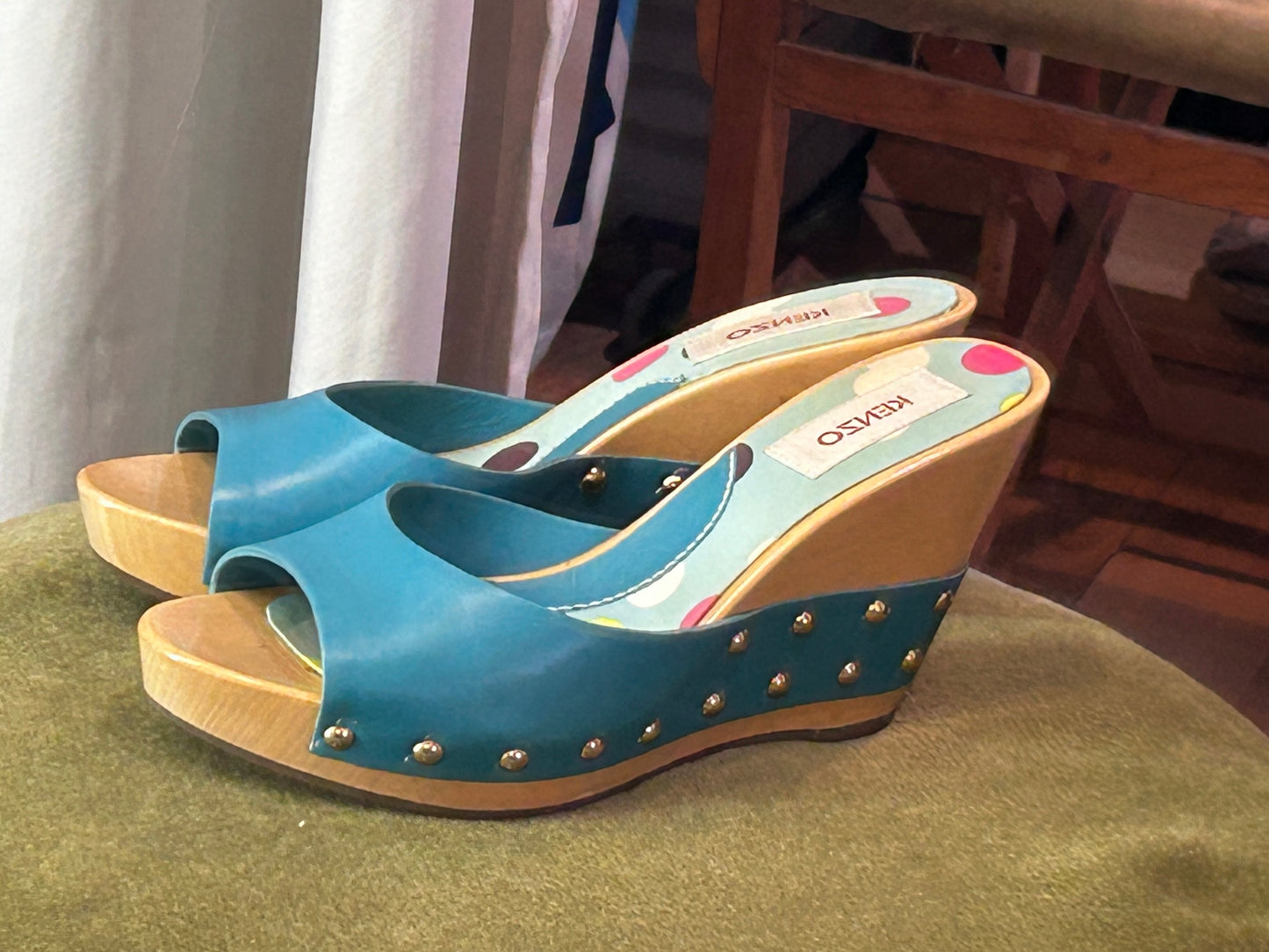 KENZO Vintage Turquoise Leather Wooden Wedge Sandals EU 36