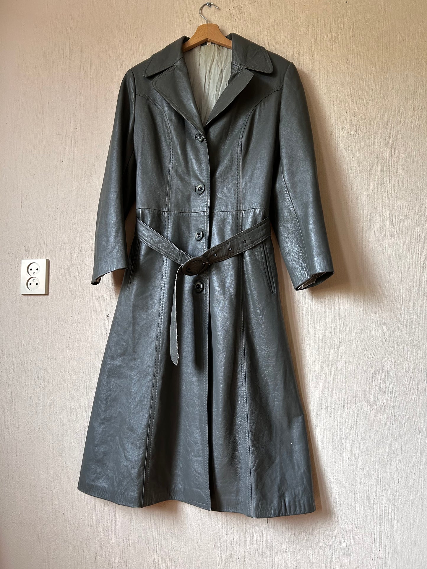 70s vintage belted leather trench