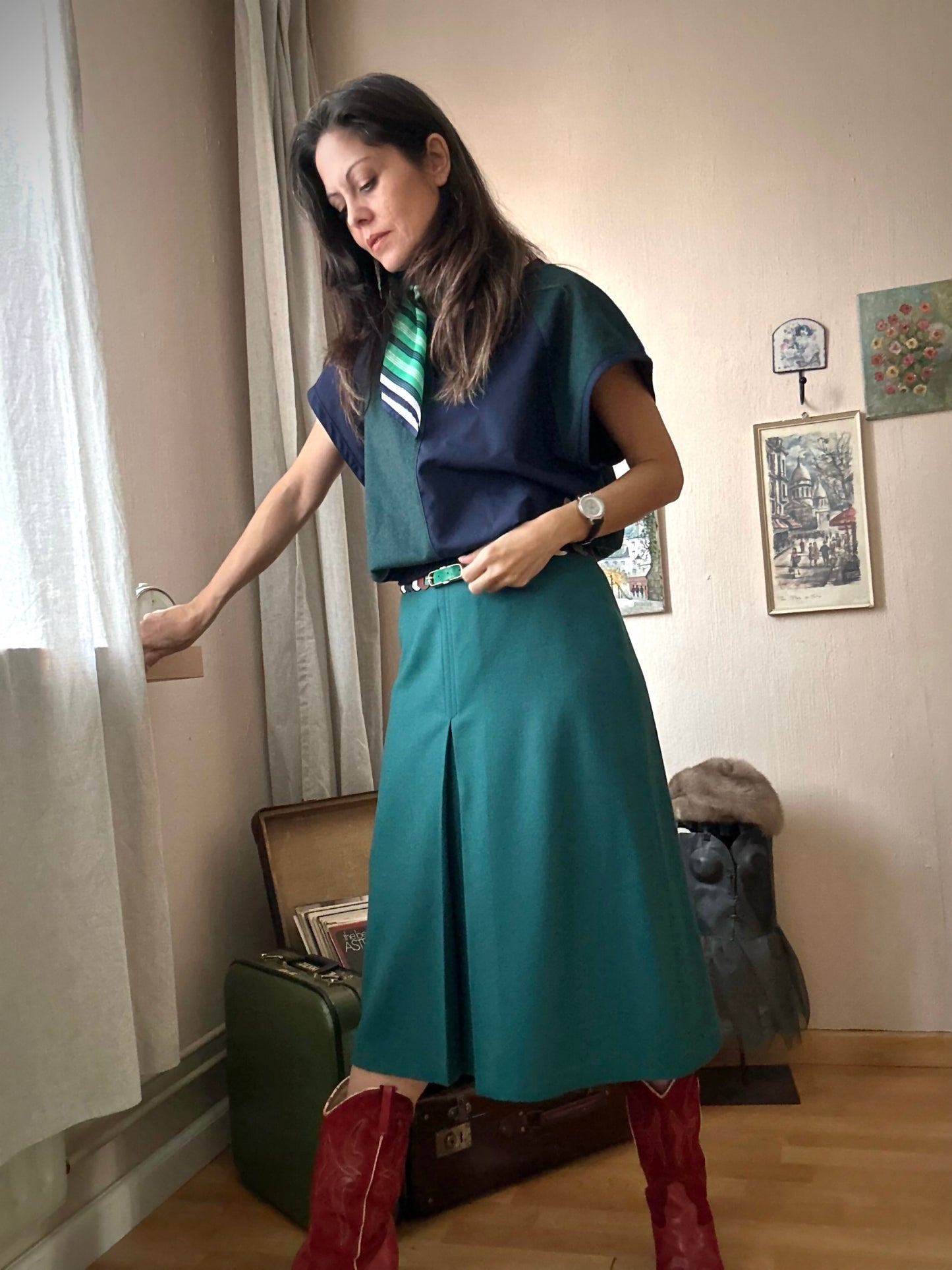 Single front pleat vintage midi skirt (S)