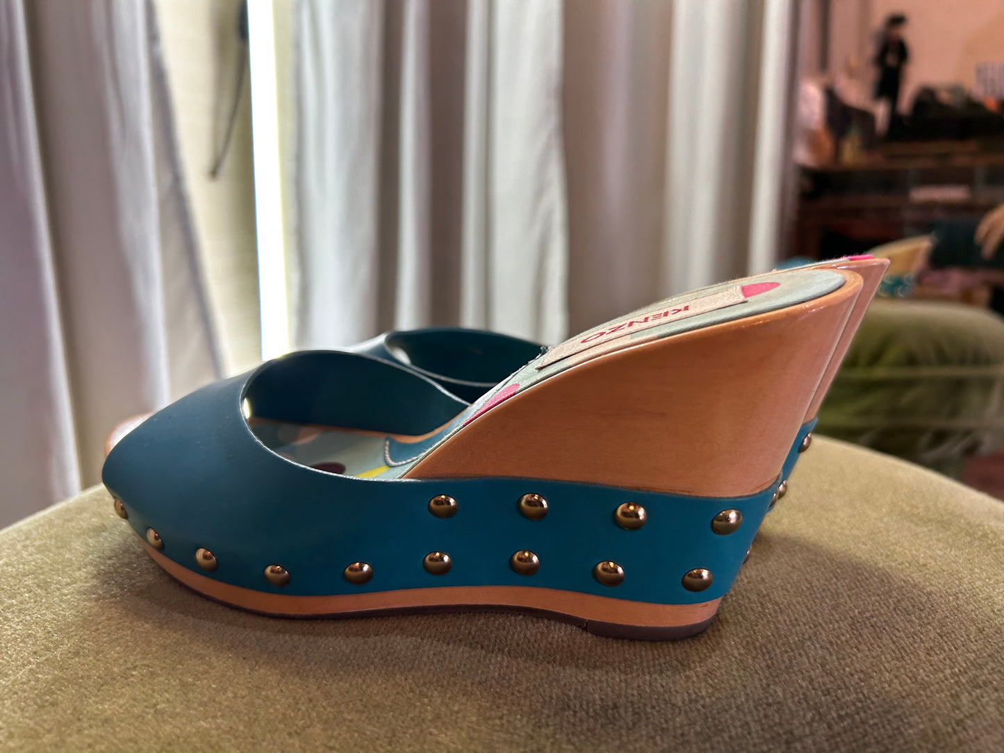 KENZO Vintage Turquoise Leather Wooden Wedge Sandals EU 36