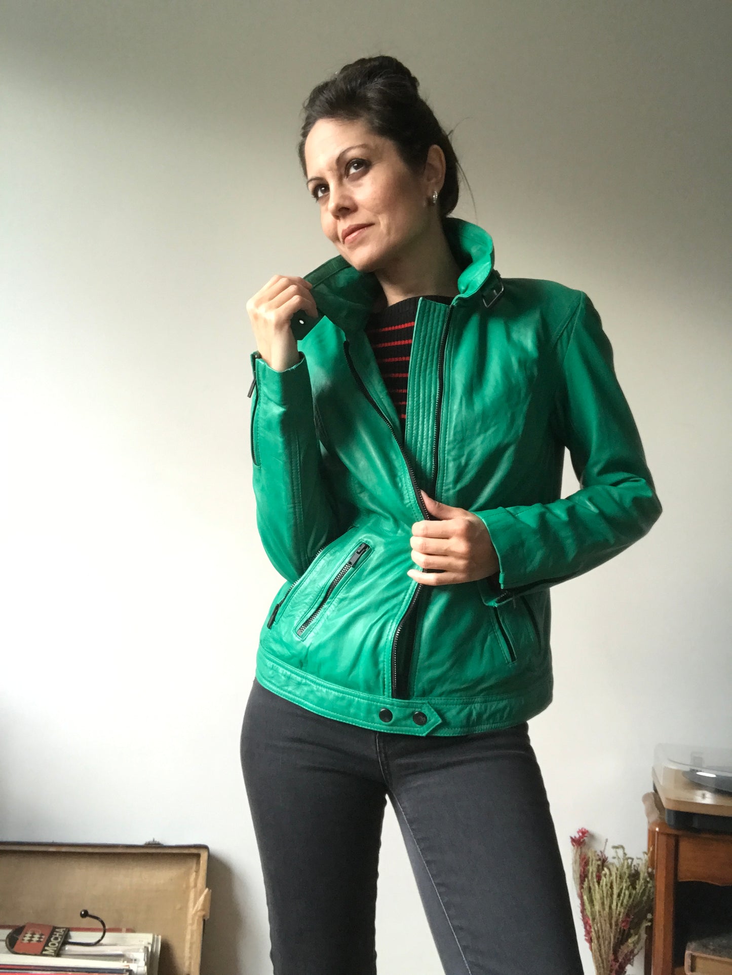 Green leather biker