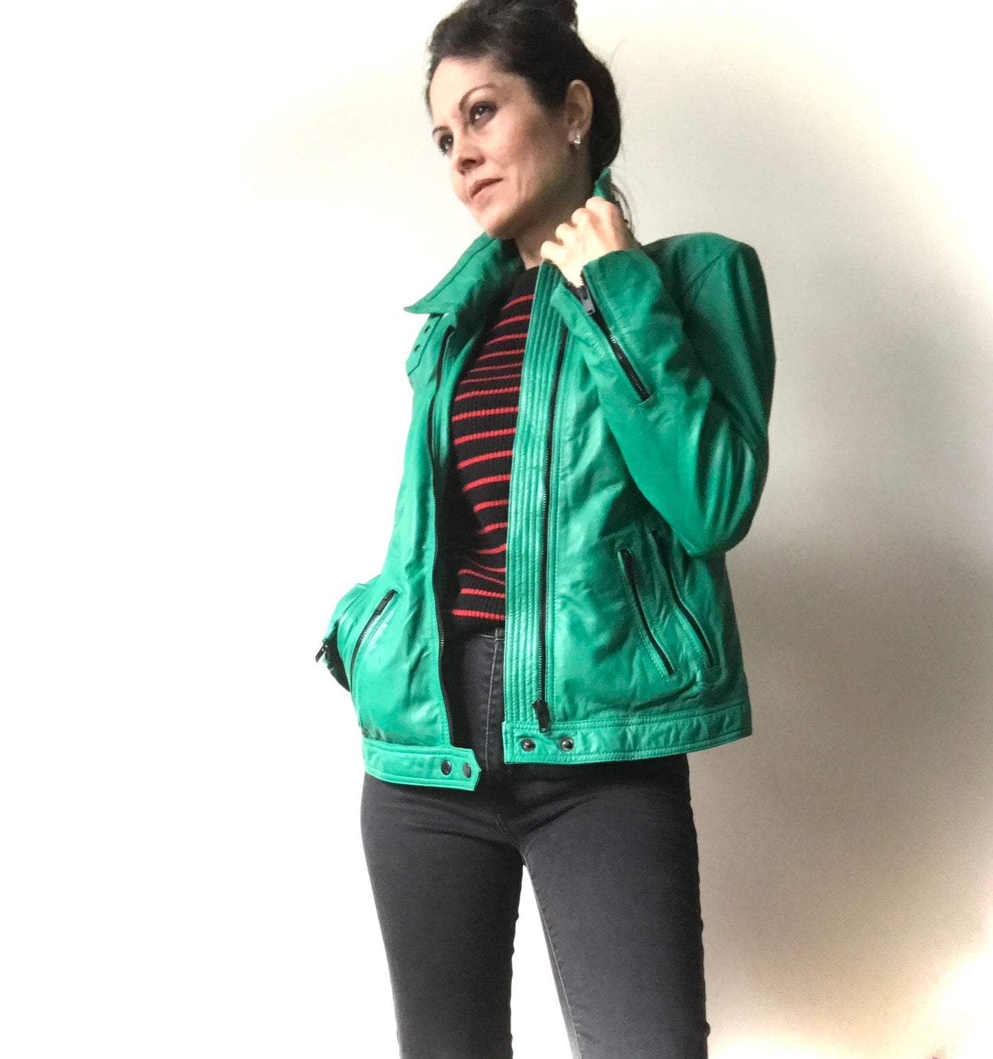 Green leather biker