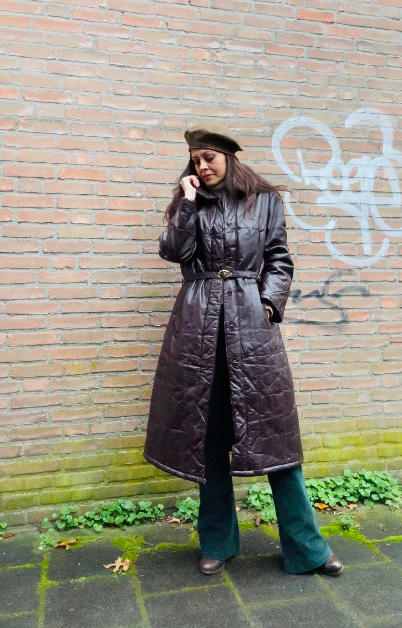 Leather trench coat with padded lining