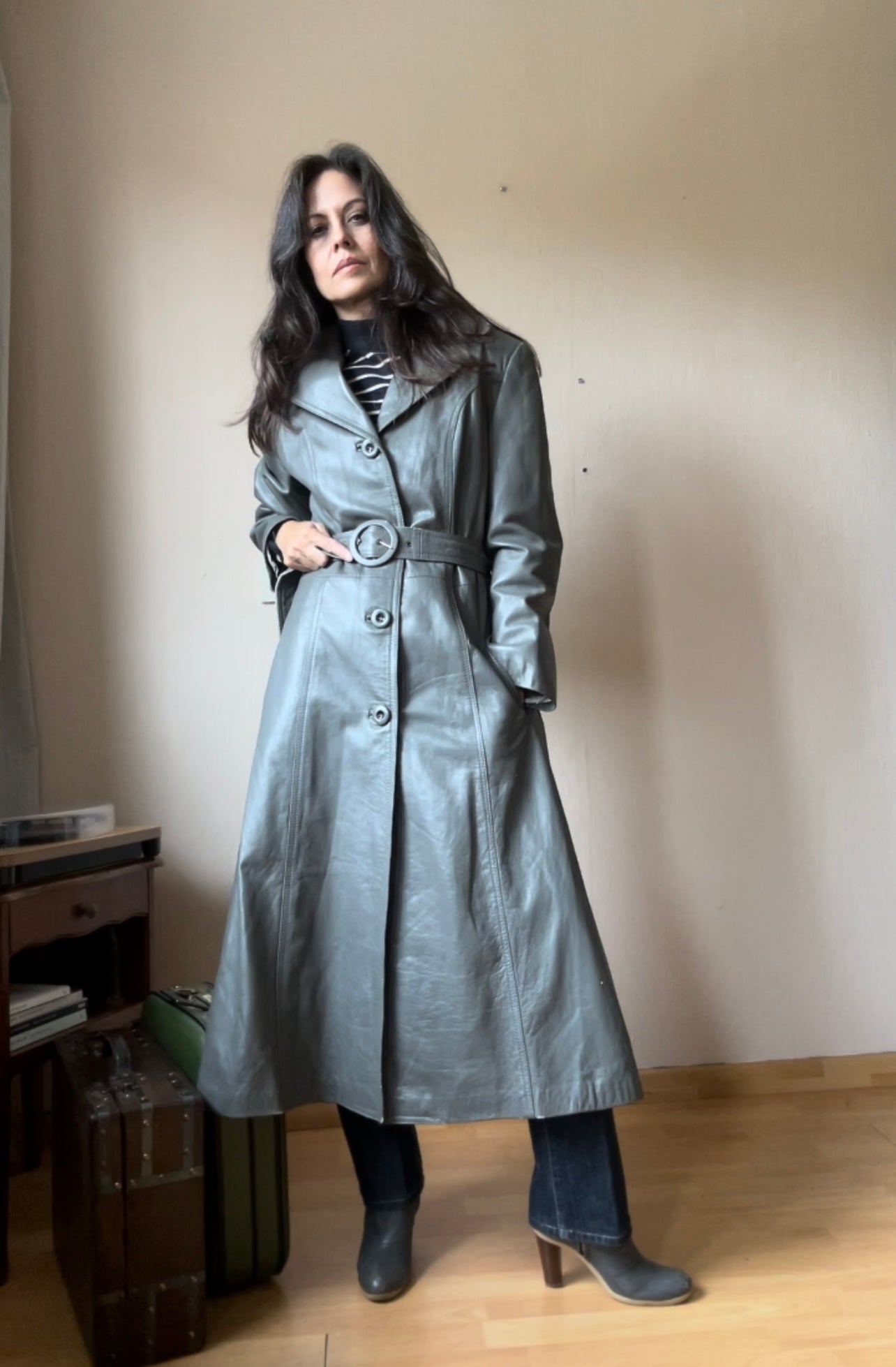 70s vintage belted leather trench