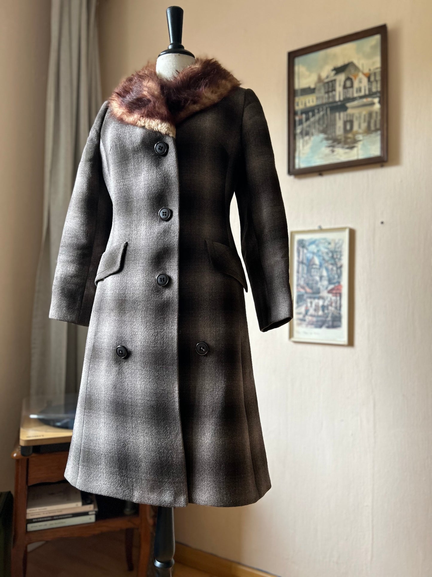 Checkered gabardine winter coat (S)