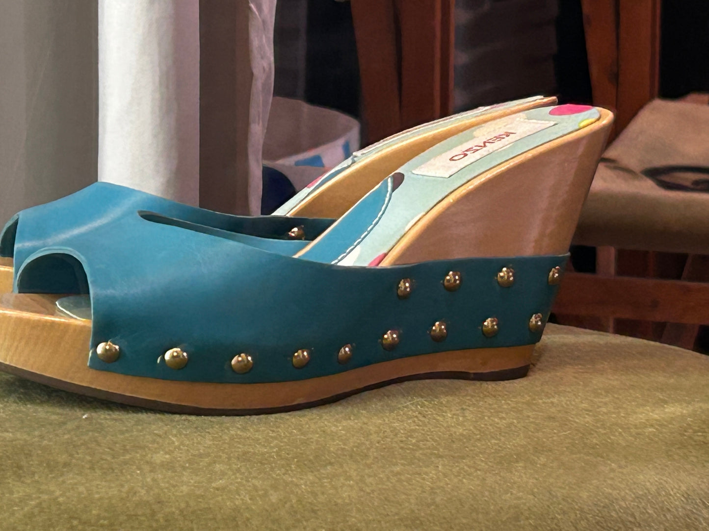 KENZO Vintage Turquoise Leather Wooden Wedge Sandals EU 36