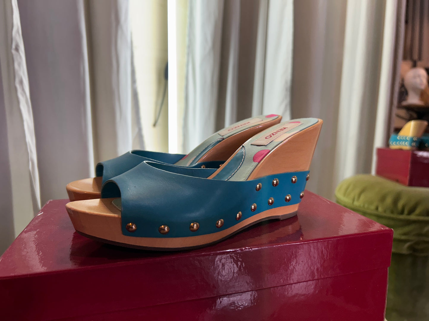 KENZO Vintage Turquoise Leather Wooden Wedge Sandals EU 36