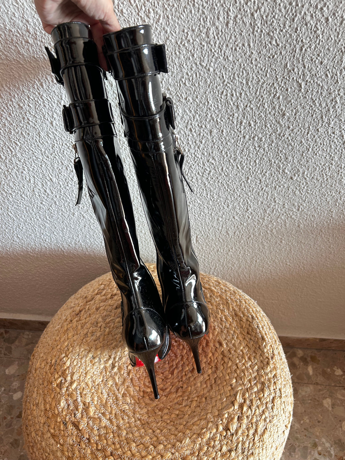 Tucino Black Patent Leather Knee-High Stiletto Buckle Boots – Size 37