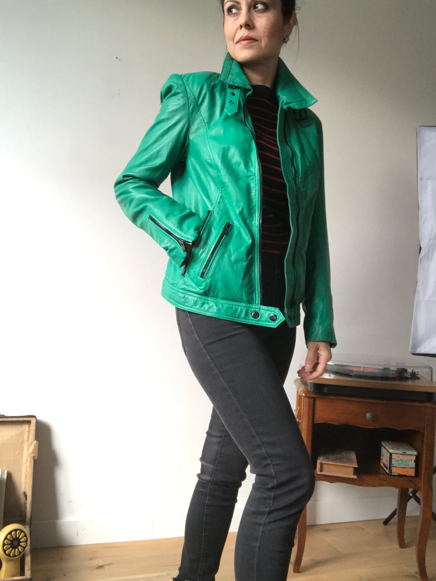 Green leather biker