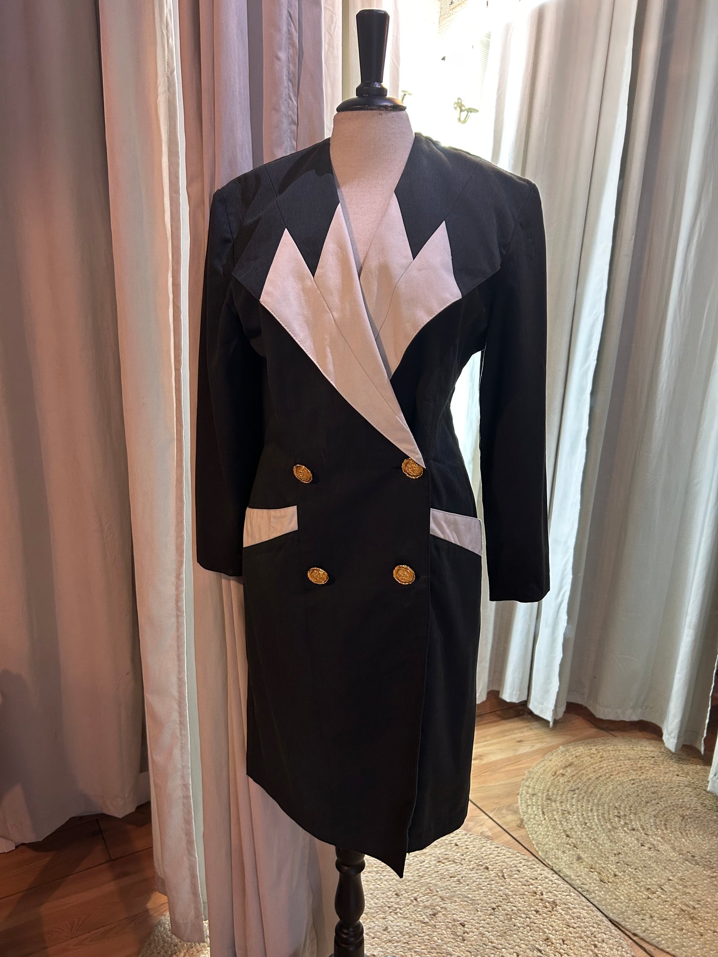 Vintage Mikael's Paris 80s Tuxedo Dress | Black & White Power Suit Dress (Size FR 1)