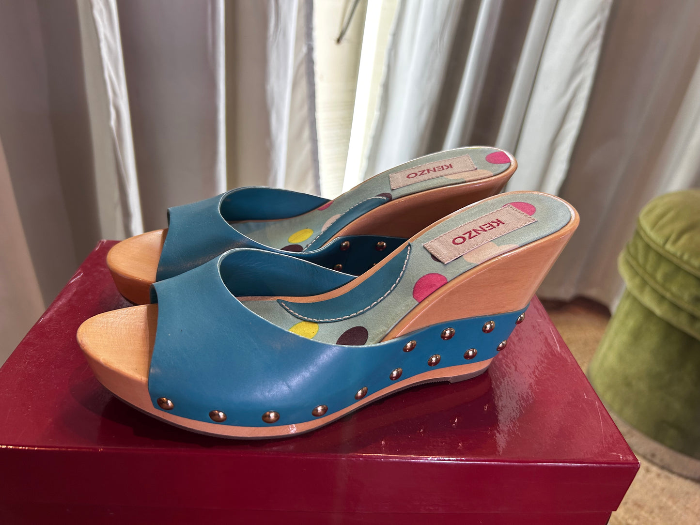 KENZO Vintage Turquoise Leather Wooden Wedge Sandals EU 36