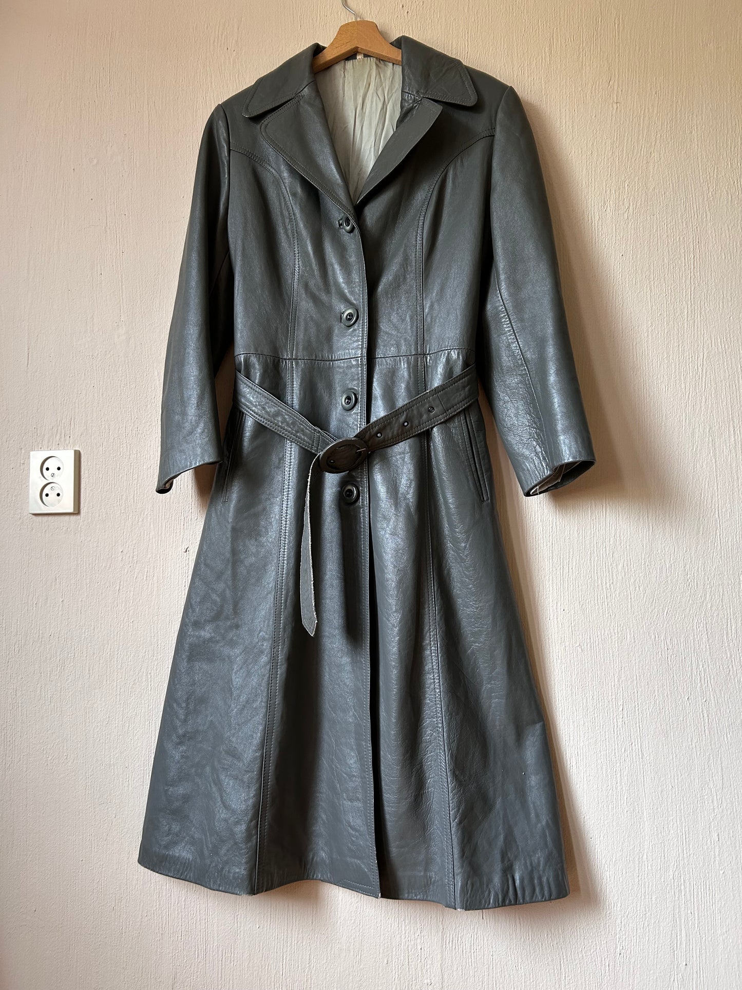 70s vintage belted leather trench