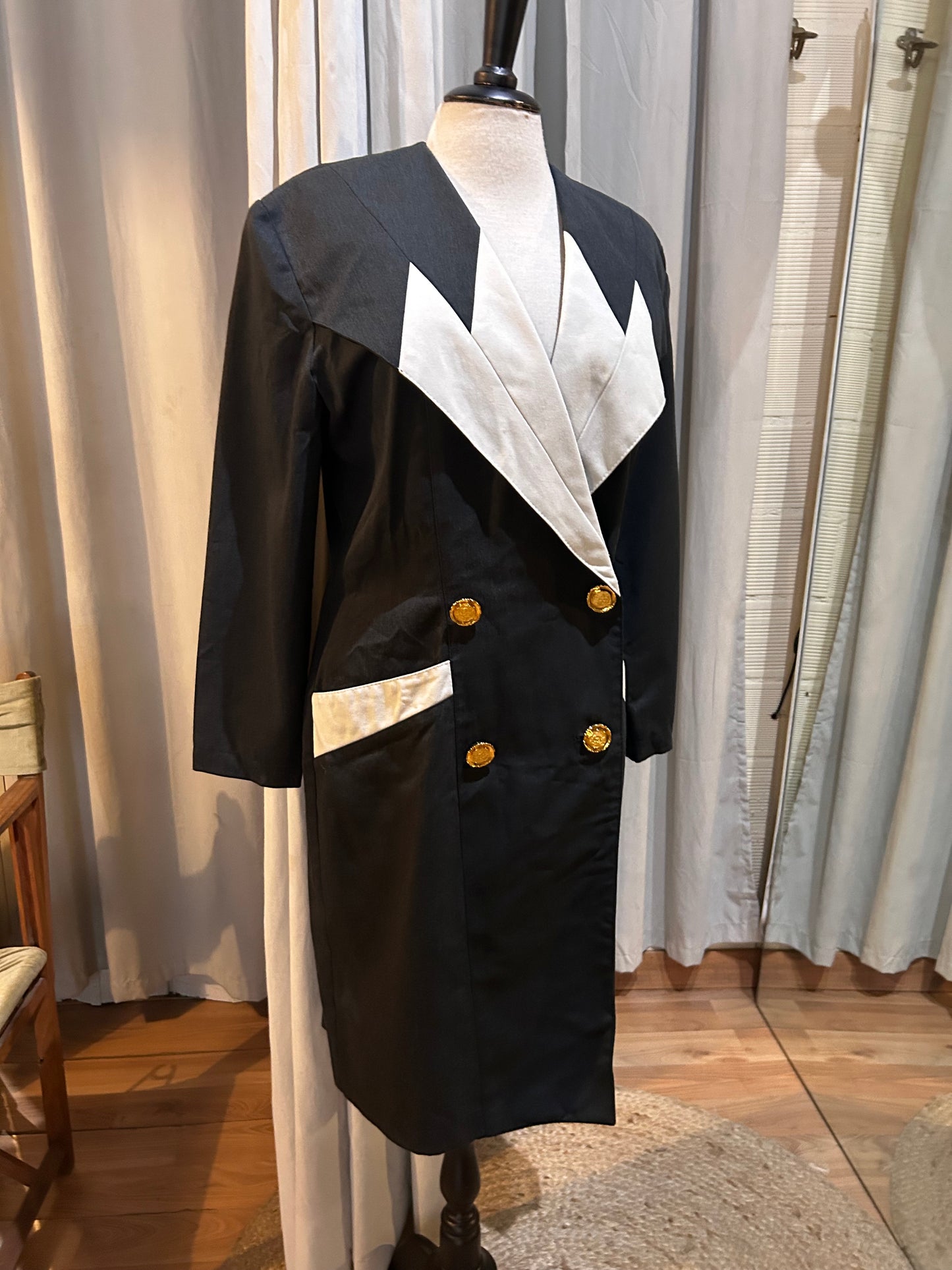 Vintage Mikael's Paris 80s Tuxedo Dress | Black & White Power Suit Dress (Size FR 1)