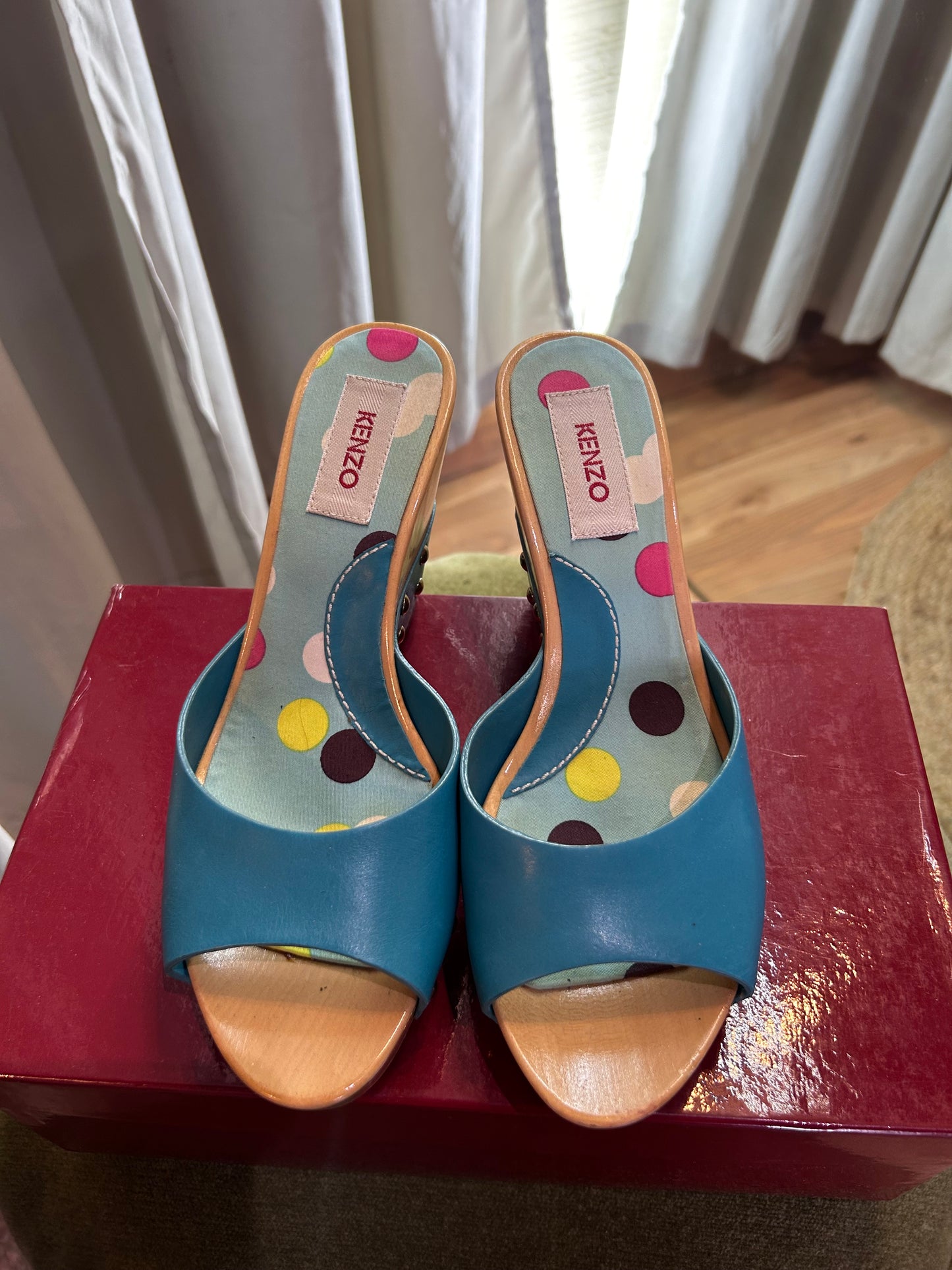 KENZO Vintage Turquoise Leather Wooden Wedge Sandals EU 36