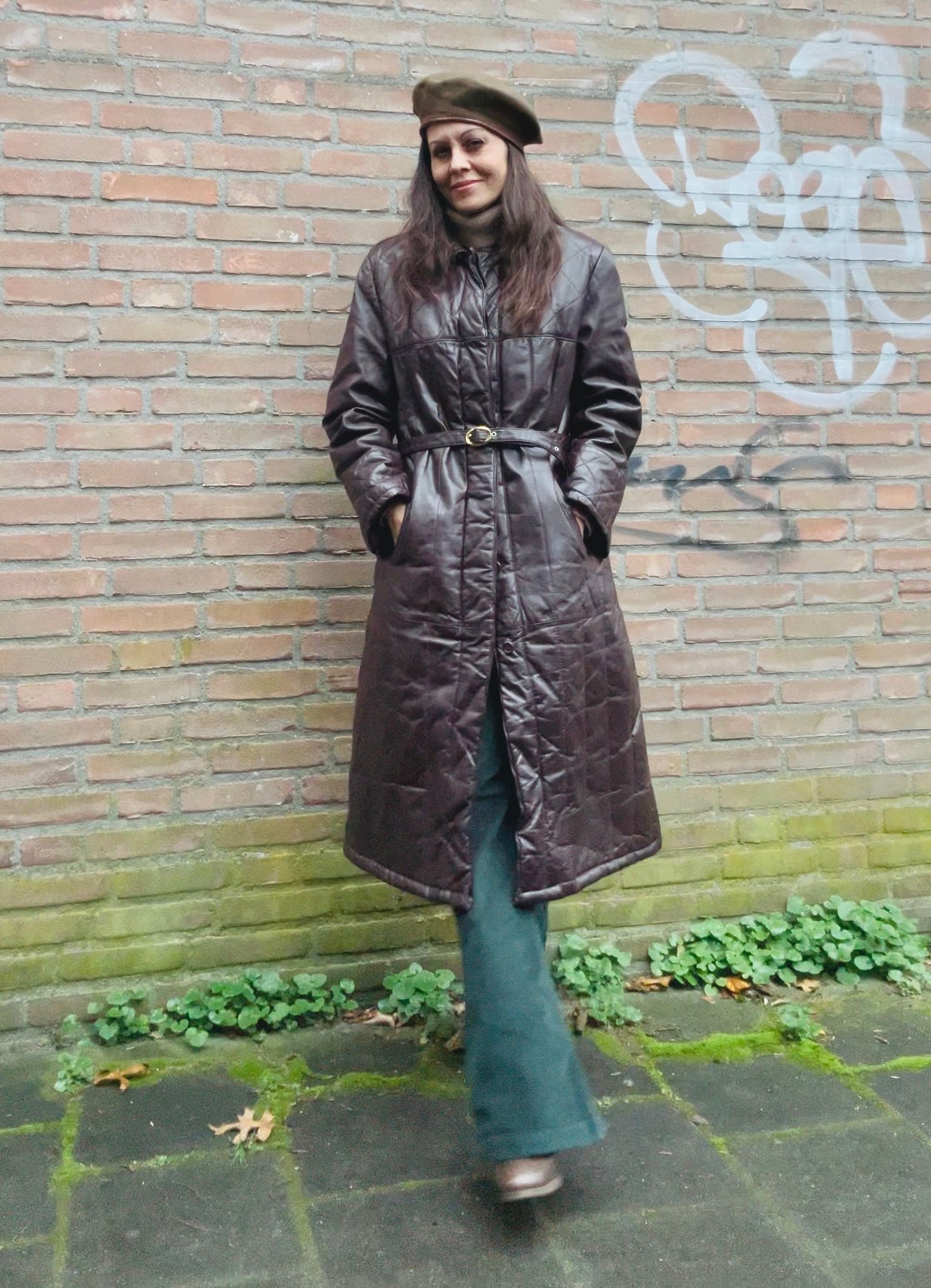 Leather trench coat with padded lining