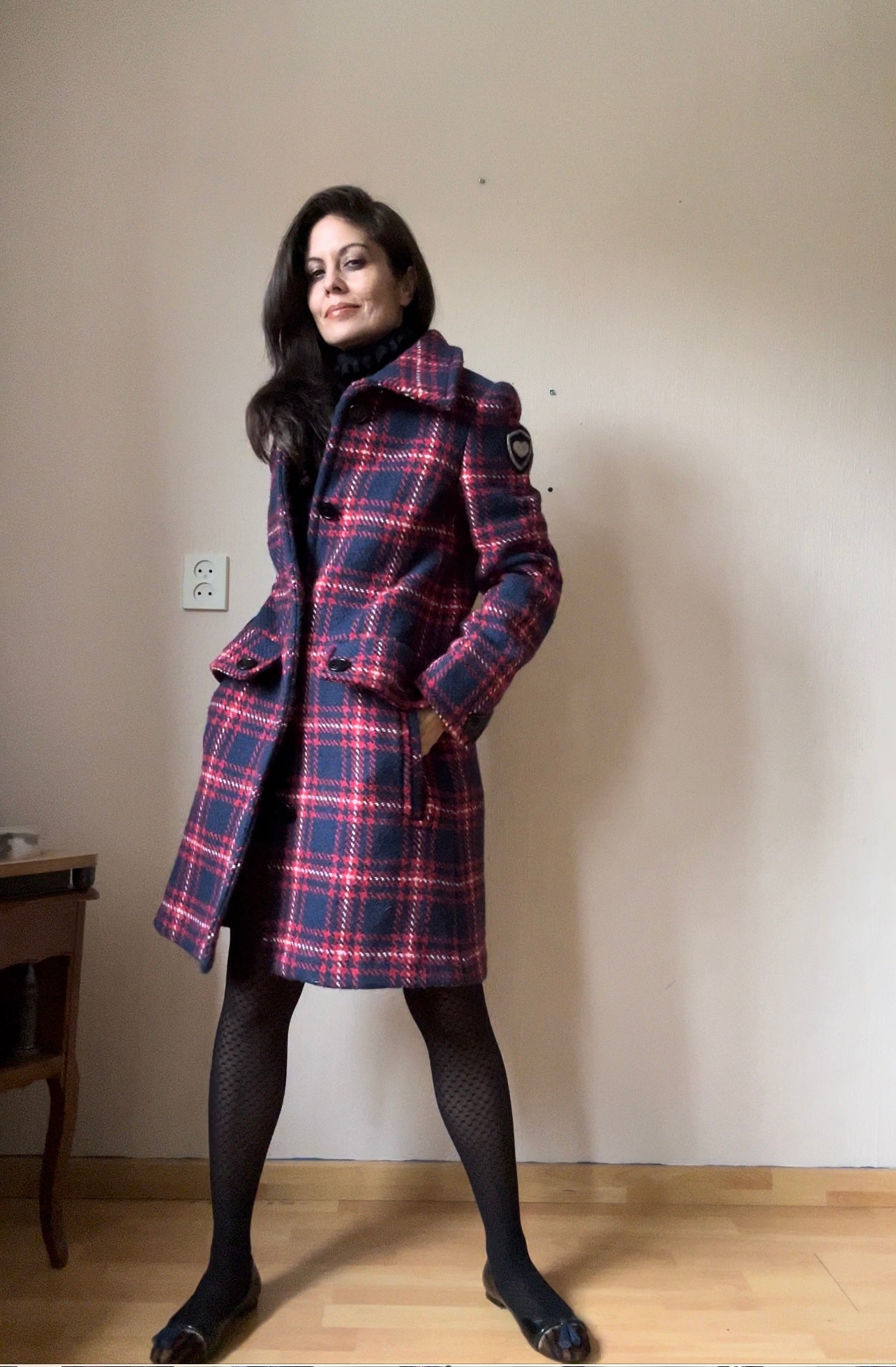 Checkered wool winter coat