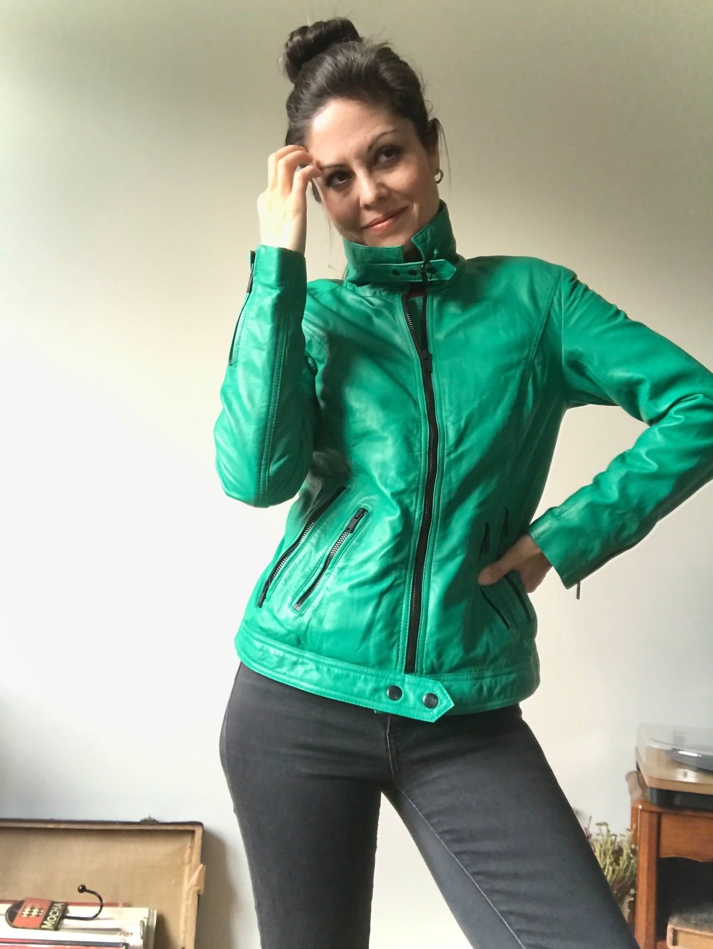 Green leather biker