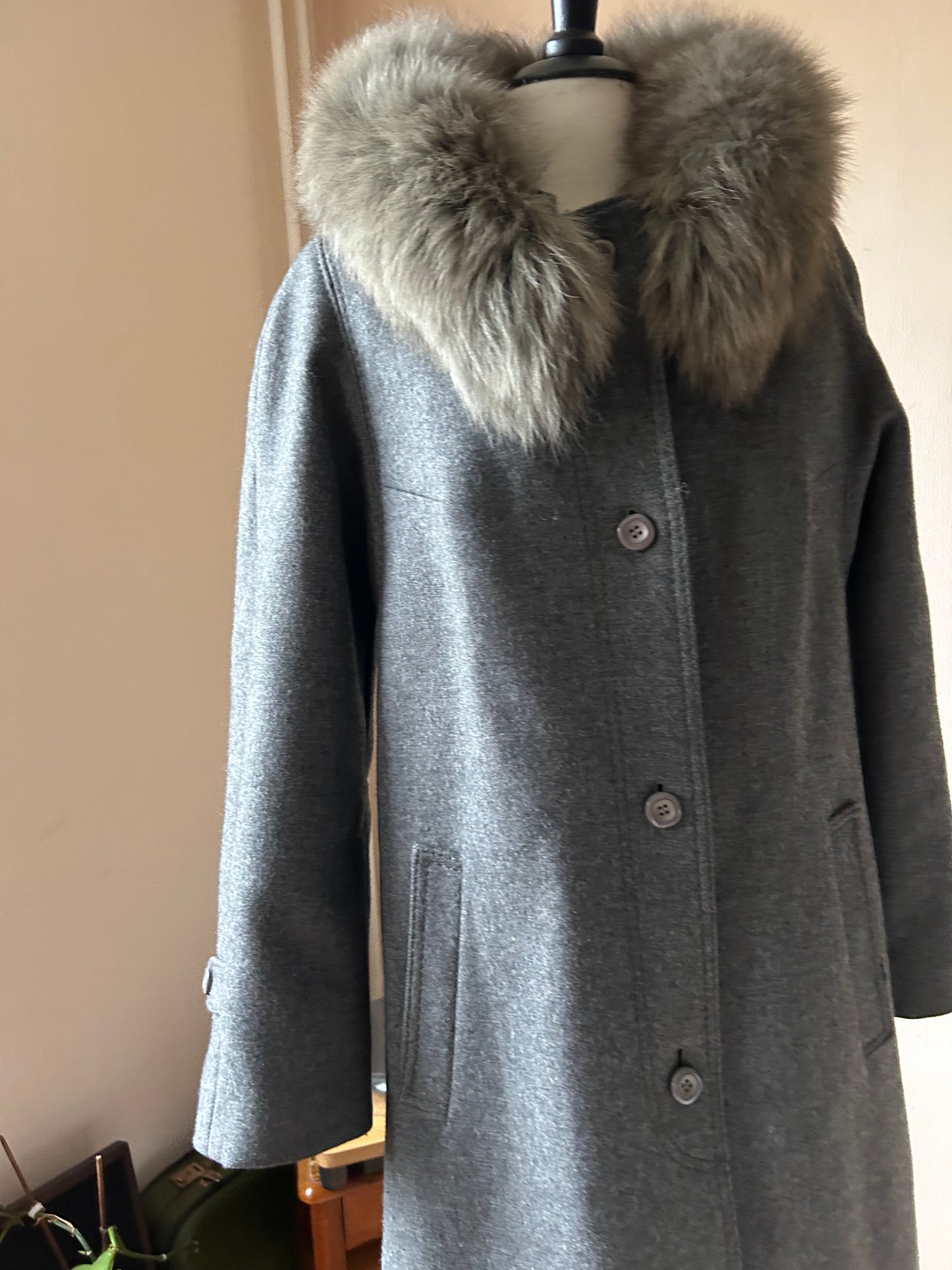 Wool coat with faux fur collar