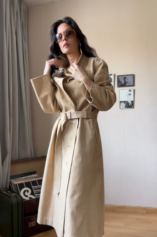 Suede look maxi vintage trenchcoat