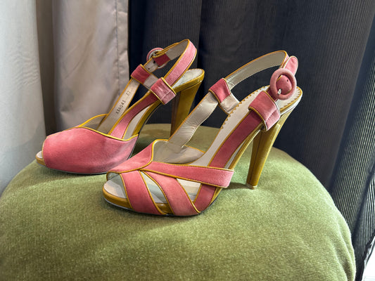 Emporio Armani Pink Suede & Mustard Yellow Leather Heeled Sandals (Size 37)