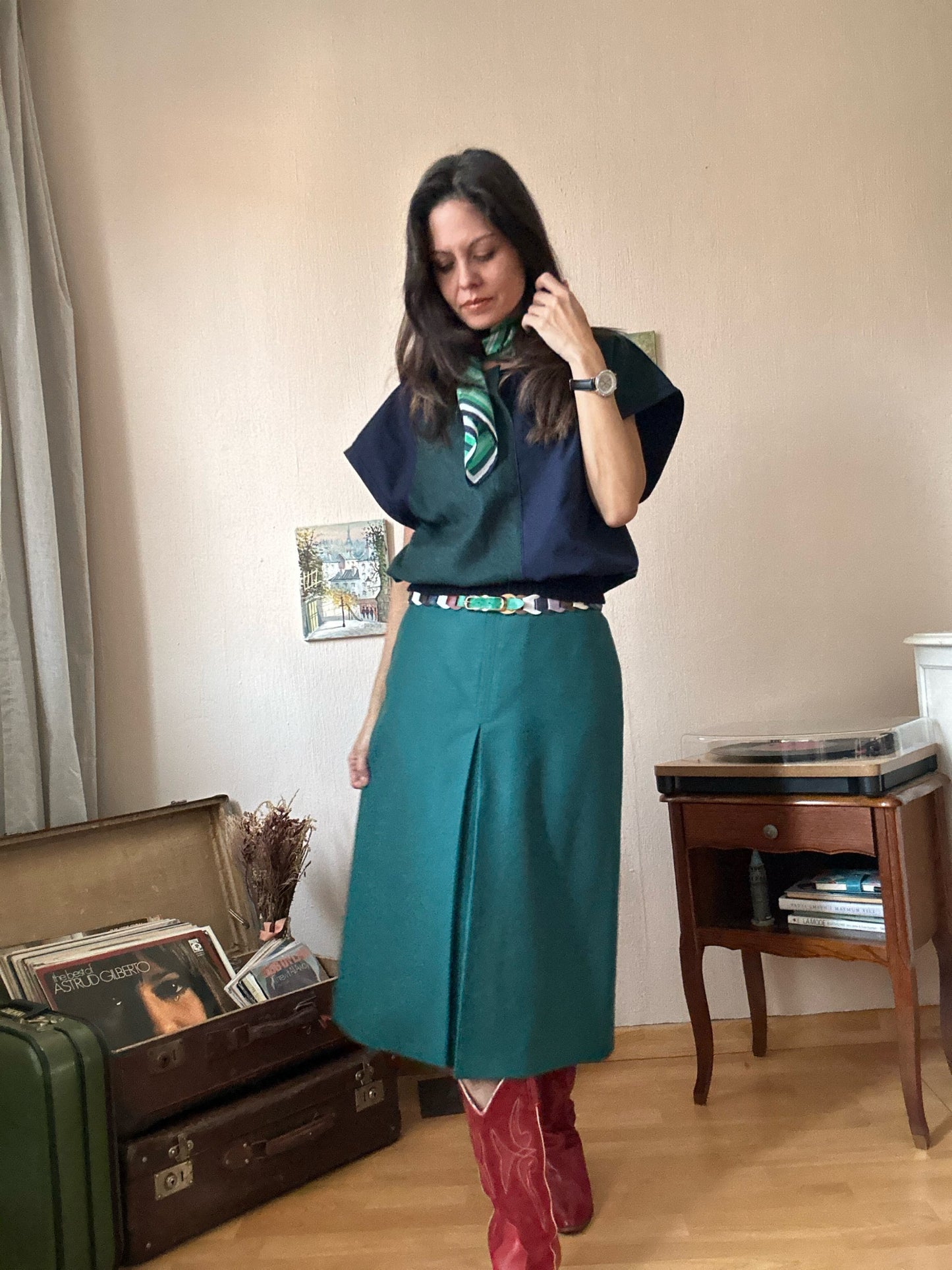 Single front pleat vintage midi skirt (S)