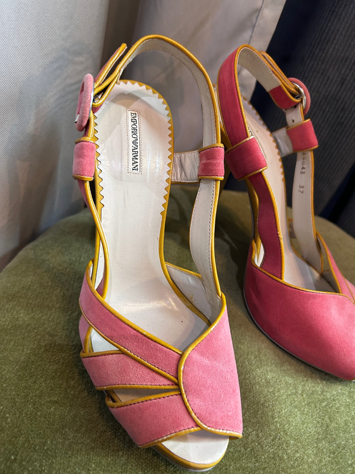 Emporio Armani Pink Suede & Mustard Yellow Leather Heeled Sandals (Size 37)