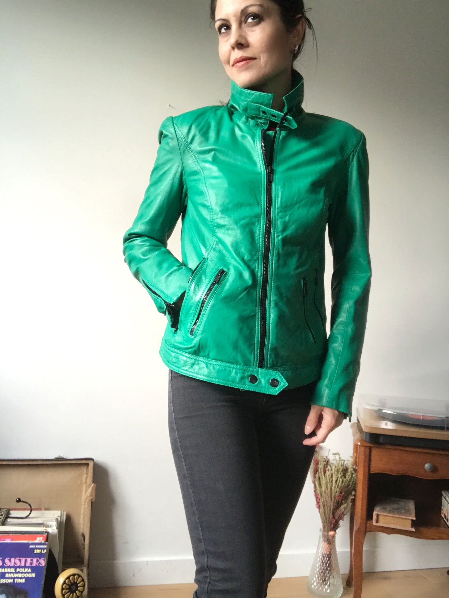 Green leather biker