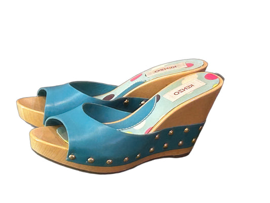 KENZO Vintage Turquoise Leather Wooden Wedge Sandals EU 36