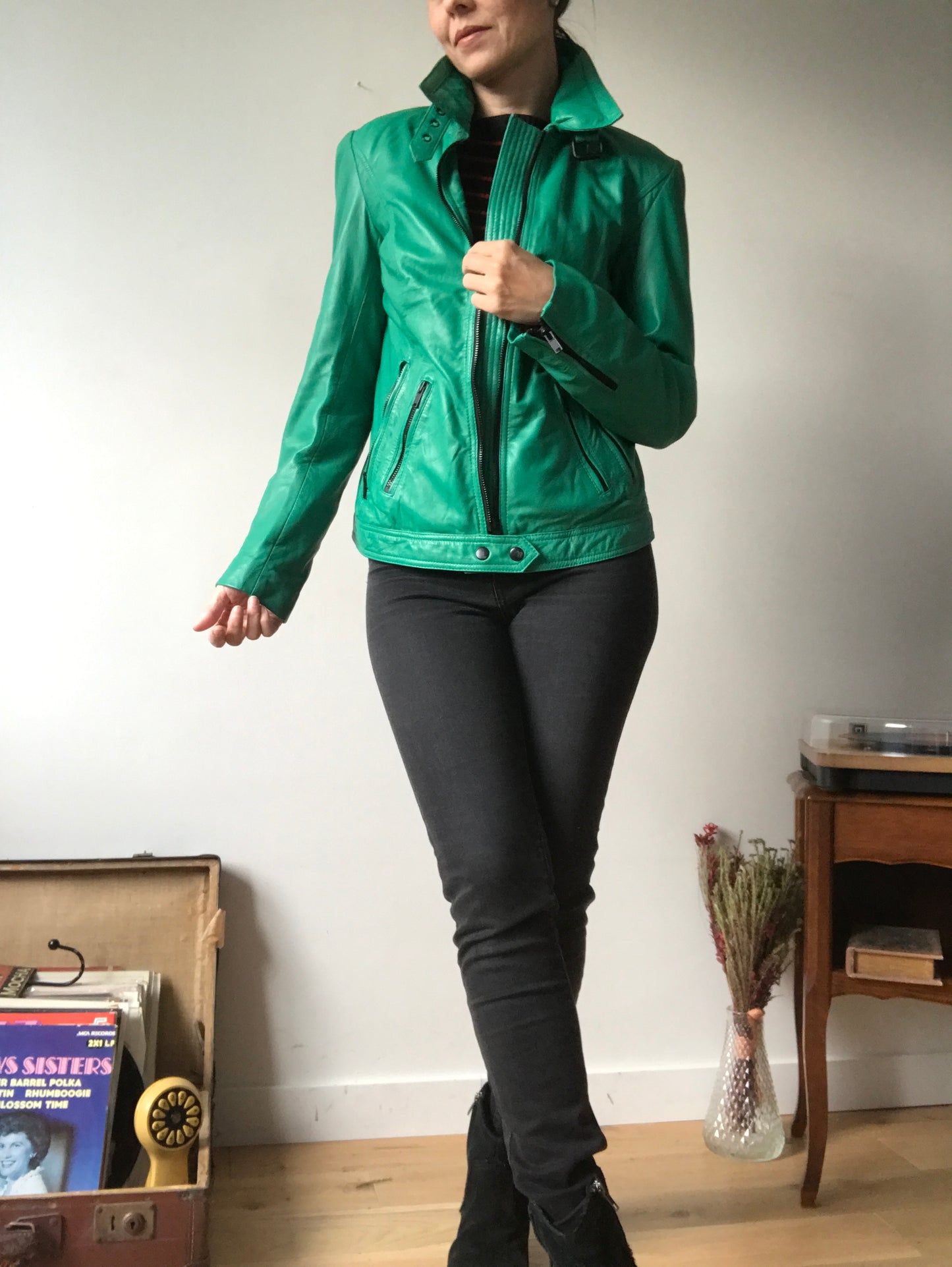 Green leather biker