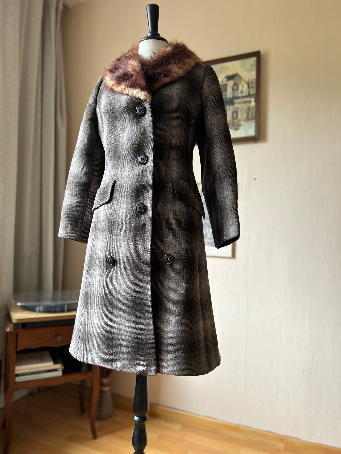 Checkered gabardine winter coat (S)