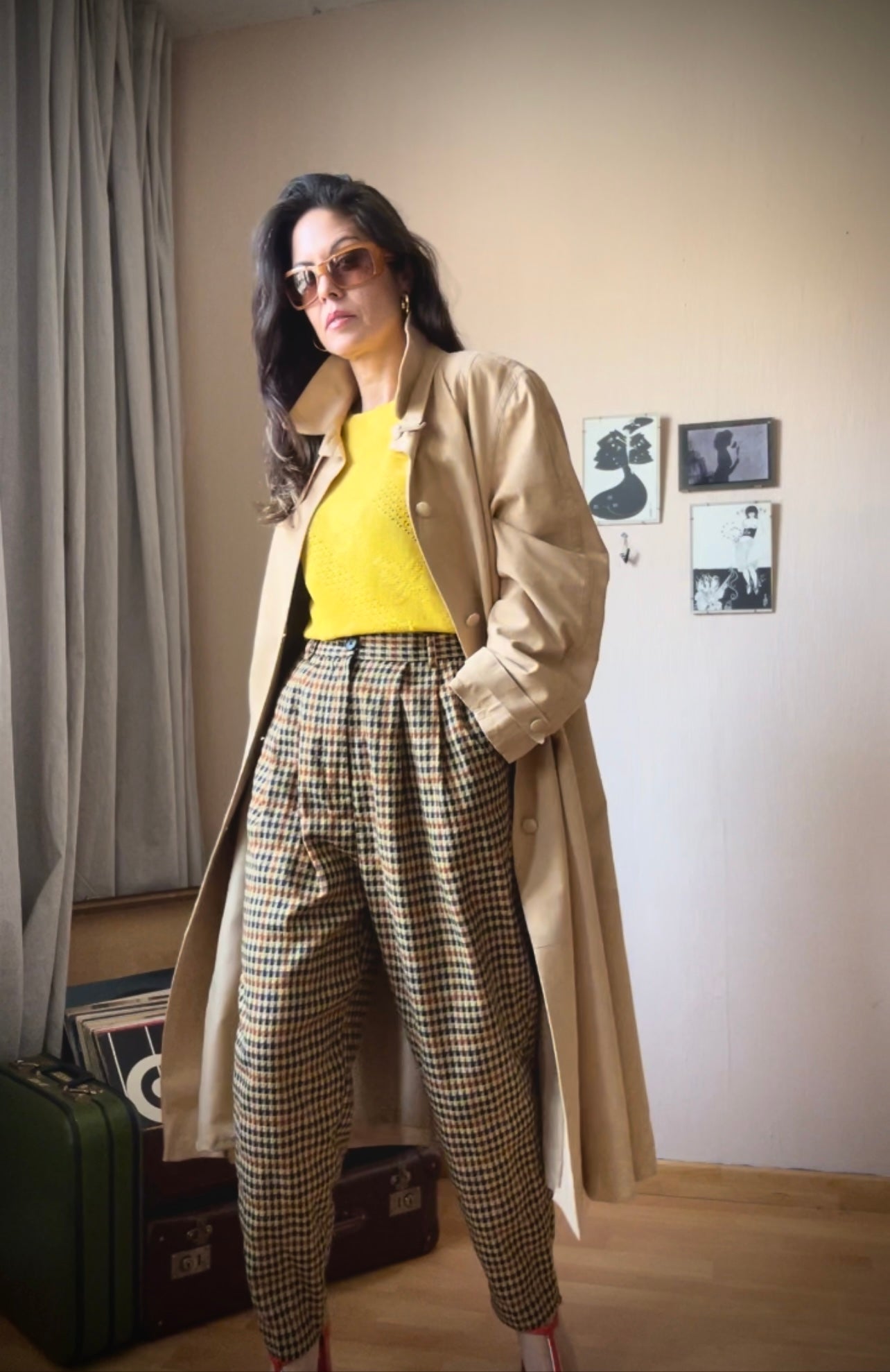 High waist plaid trousers