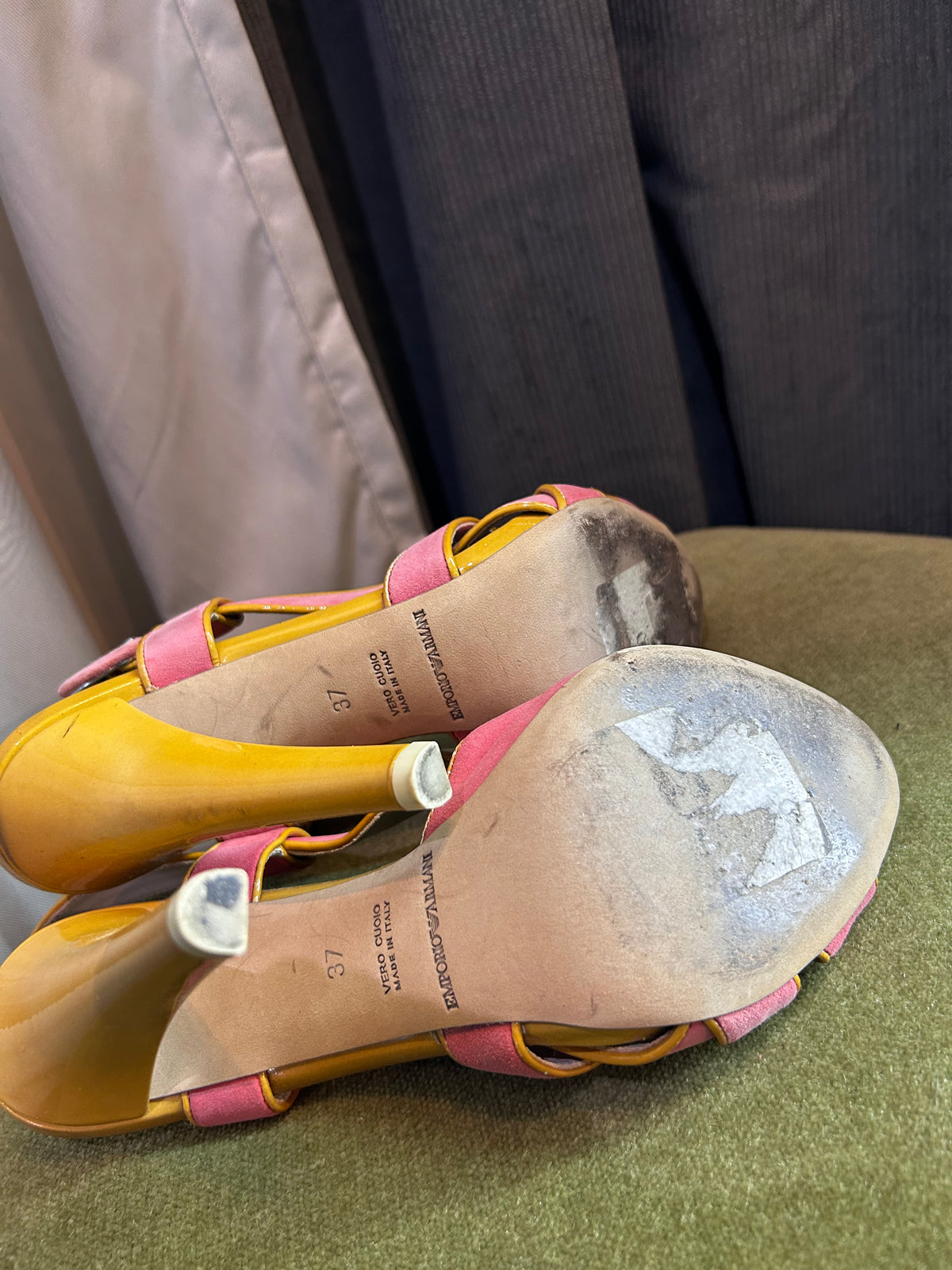 Emporio Armani Pink Suede & Mustard Yellow Leather Heeled Sandals (Size 37)