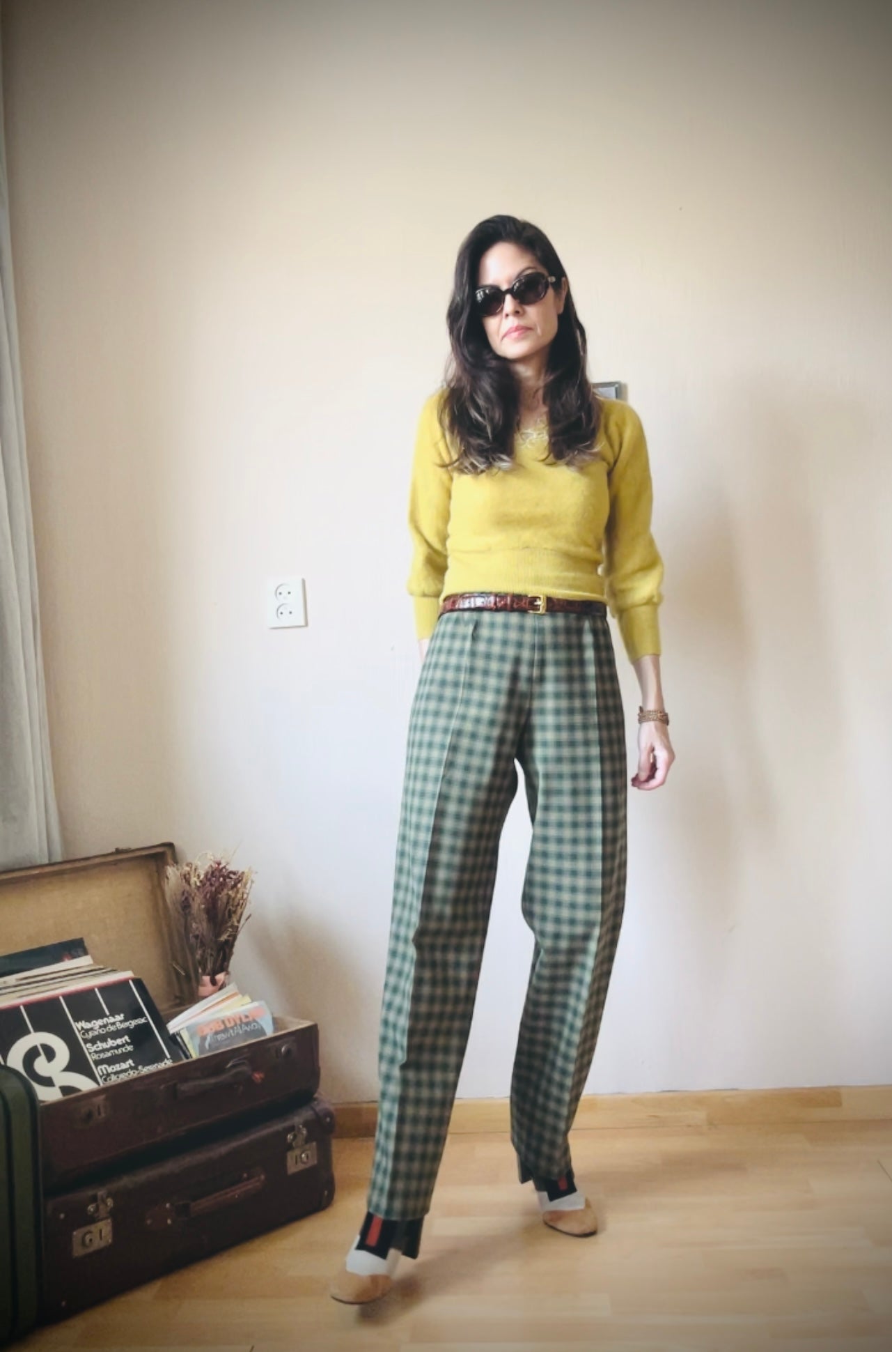 Pleated high waist plaid trousers