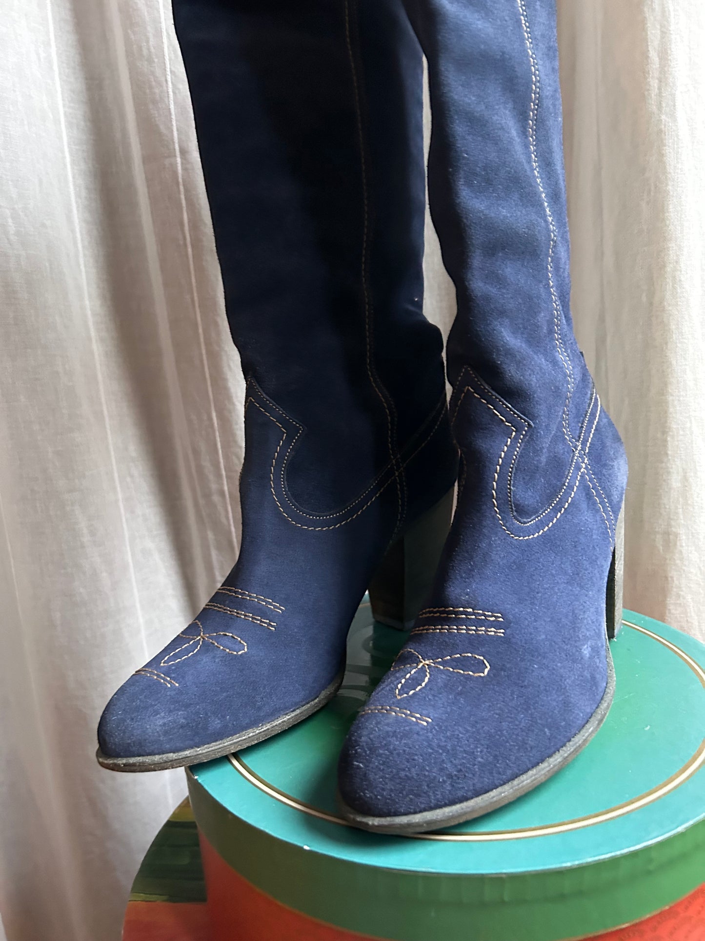 Blue suede cowboy boots