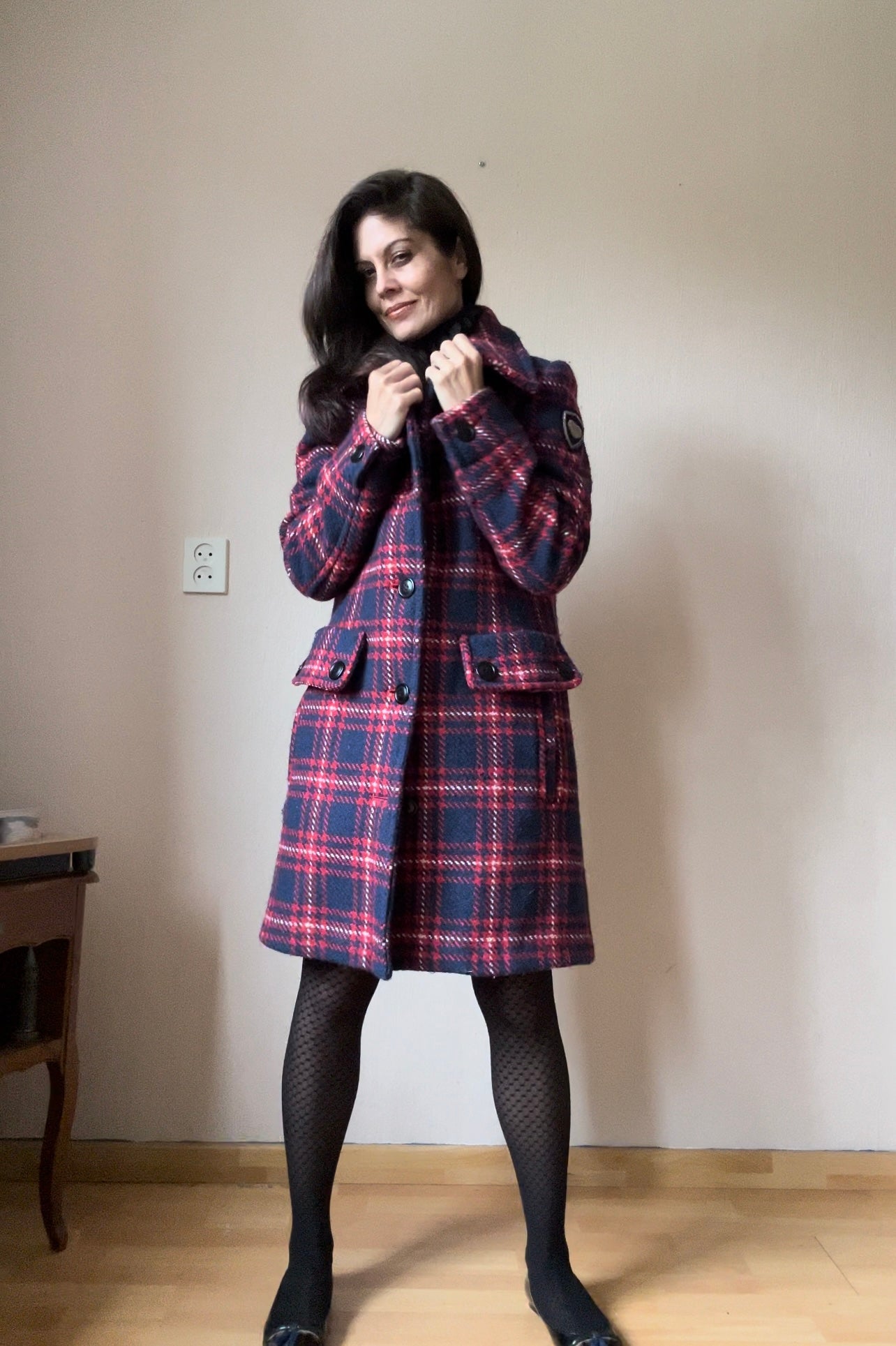 Checkered wool winter coat