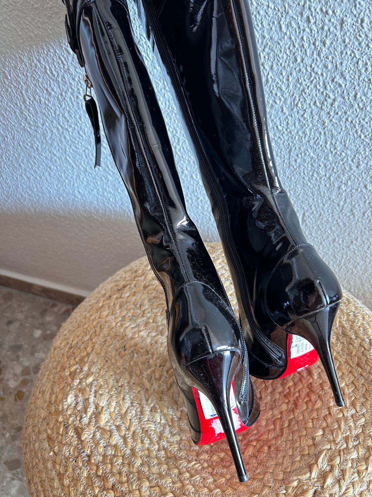 Tucino Black Patent Leather Knee-High Stiletto Buckle Boots – Size 37