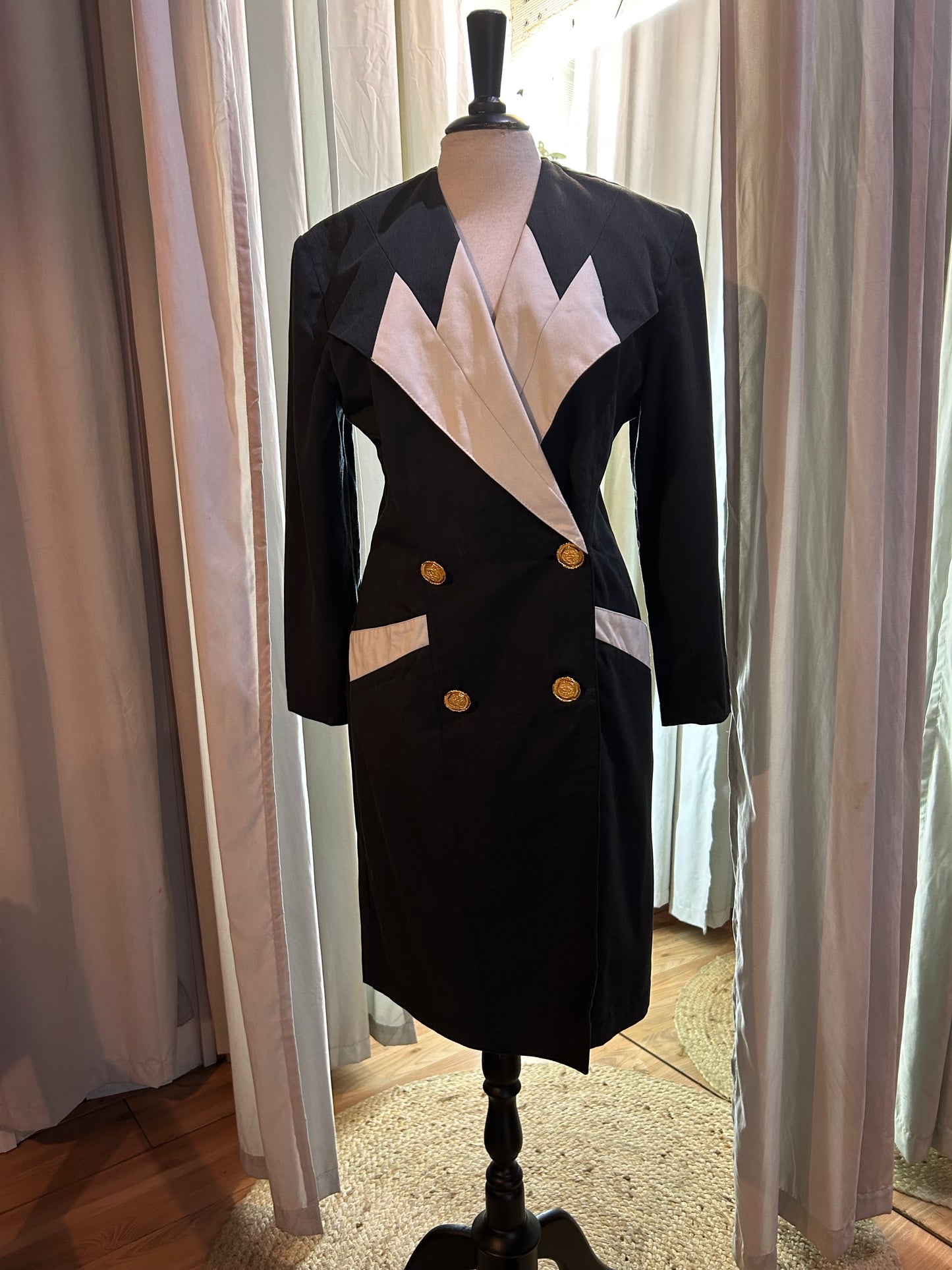 Vintage Mikael's Paris 80s Tuxedo Dress | Black & White Power Suit Dress (Size FR 1)