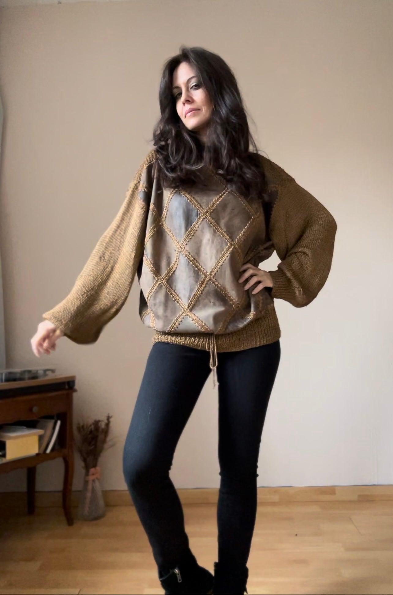 Vintage sweater with leather patches