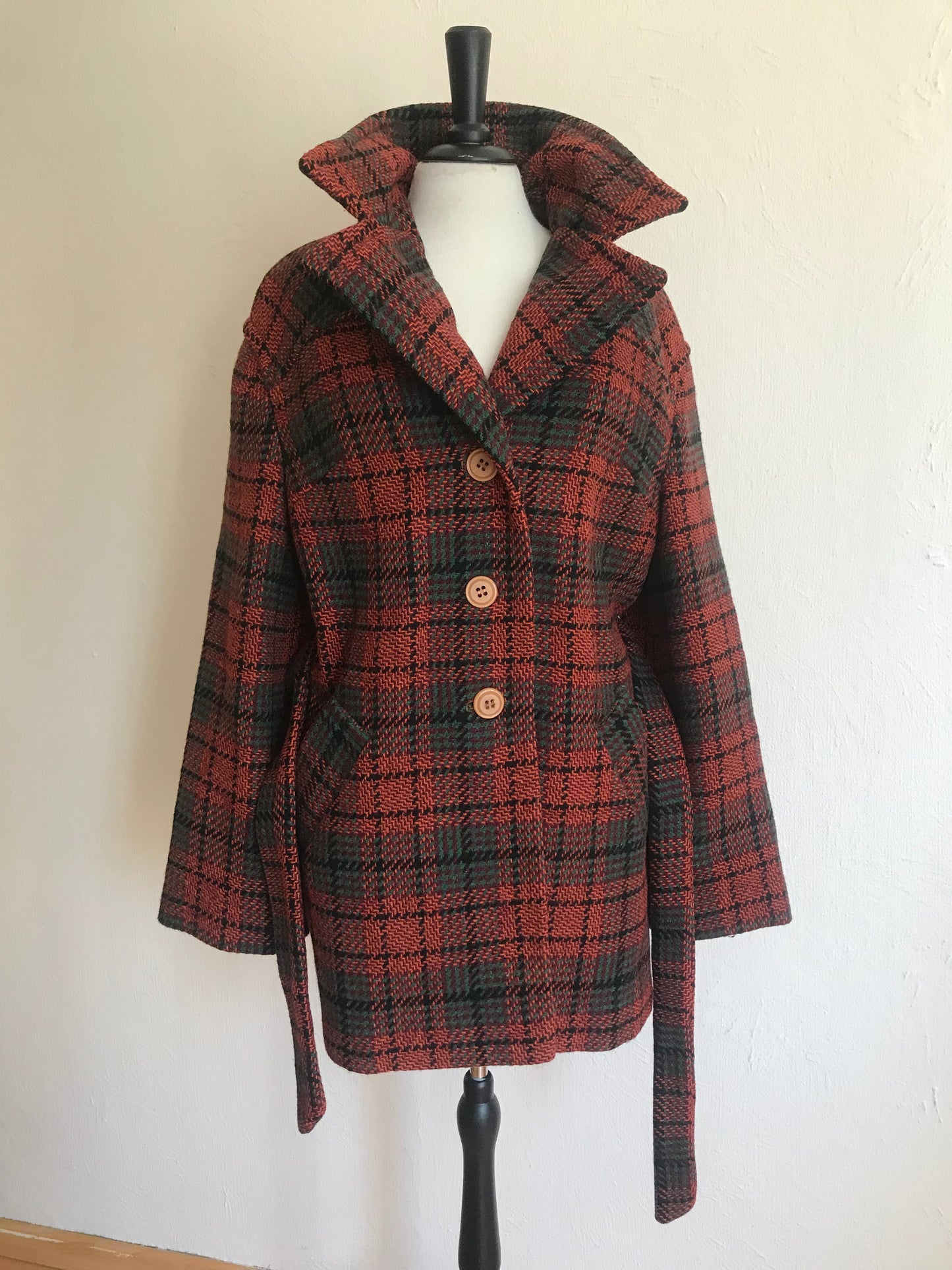 Checkered belted wool coat