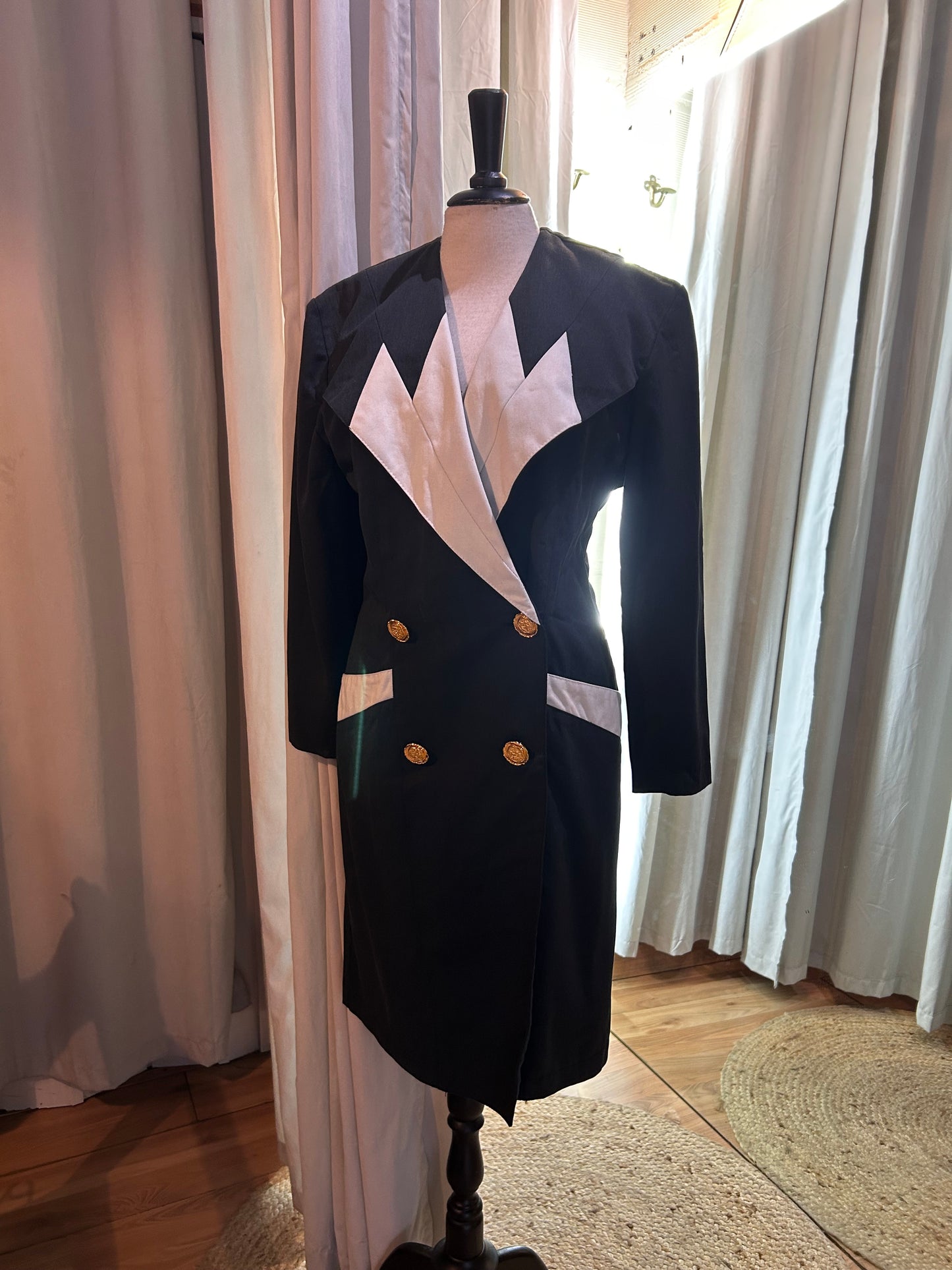 Vintage Mikael's Paris 80s Tuxedo Dress | Black & White Power Suit Dress (Size FR 1)