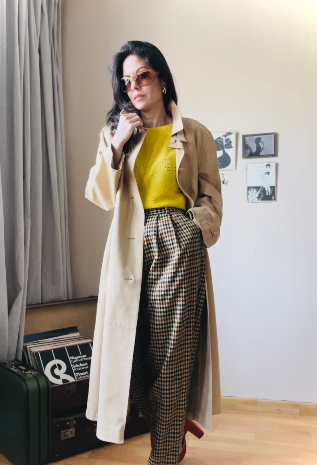 High waist plaid trousers