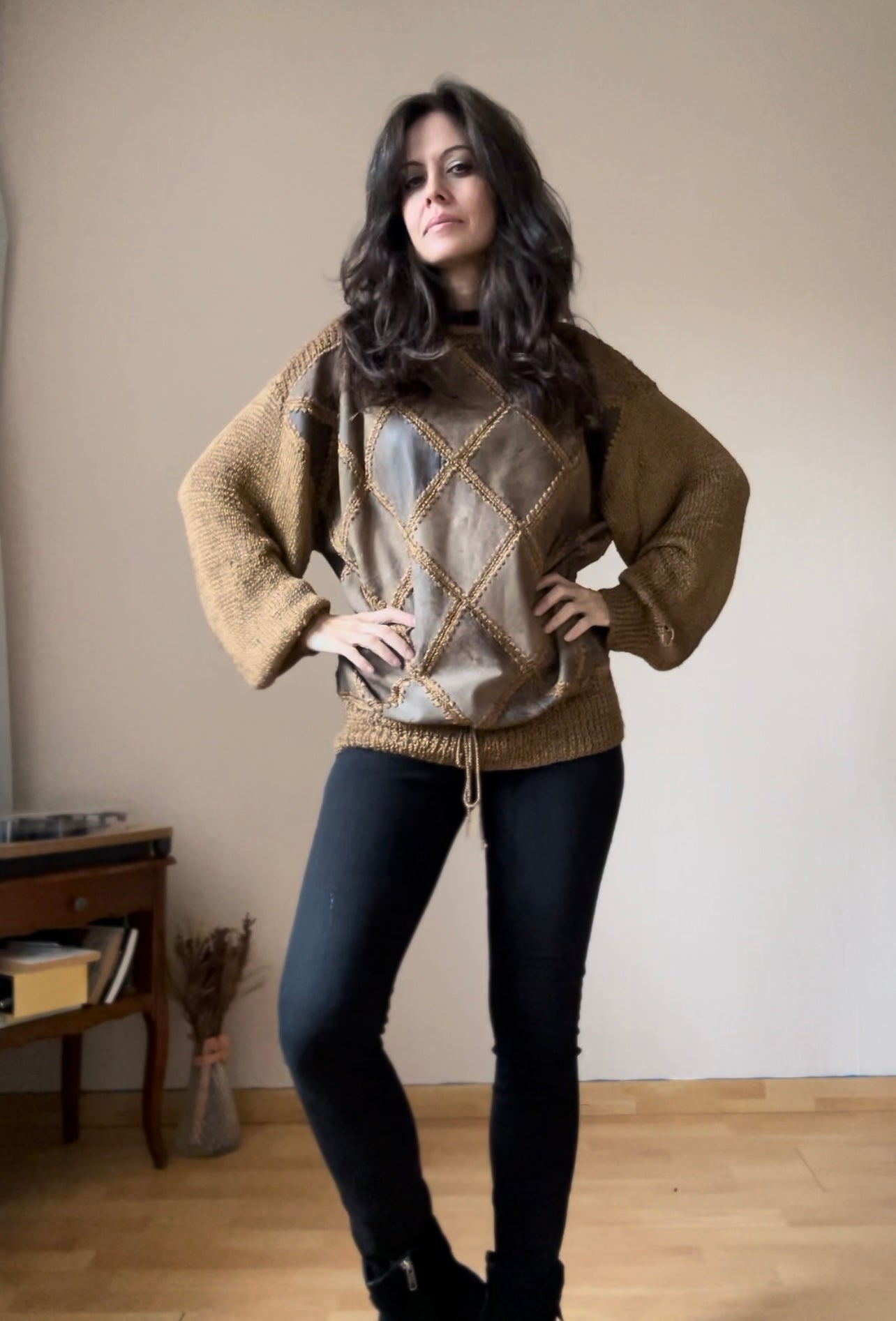 Vintage sweater with leather patches