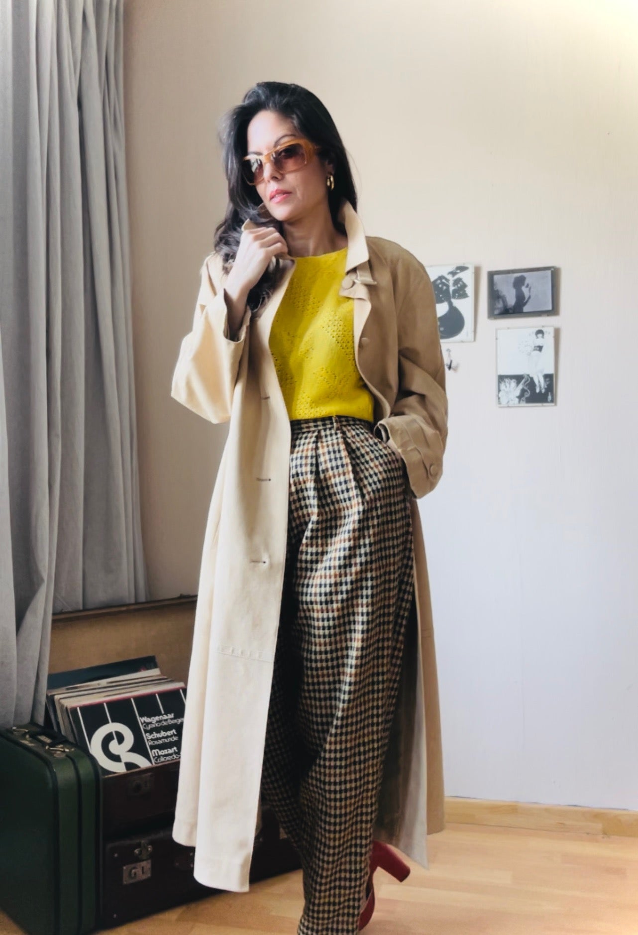 Suede look maxi vintage trenchcoat