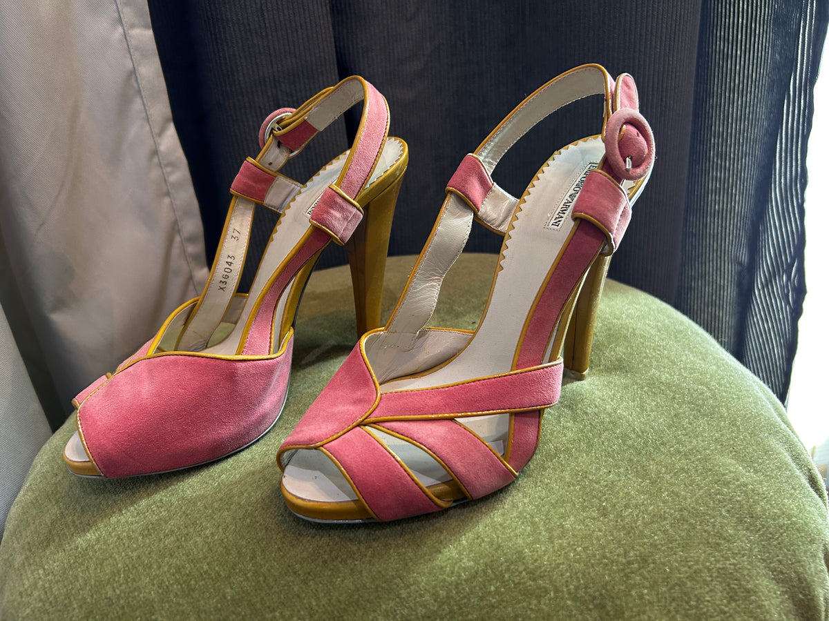 Emporio Armani Pink Suede & Mustard Yellow Leather Heeled Sandals (Size 37)