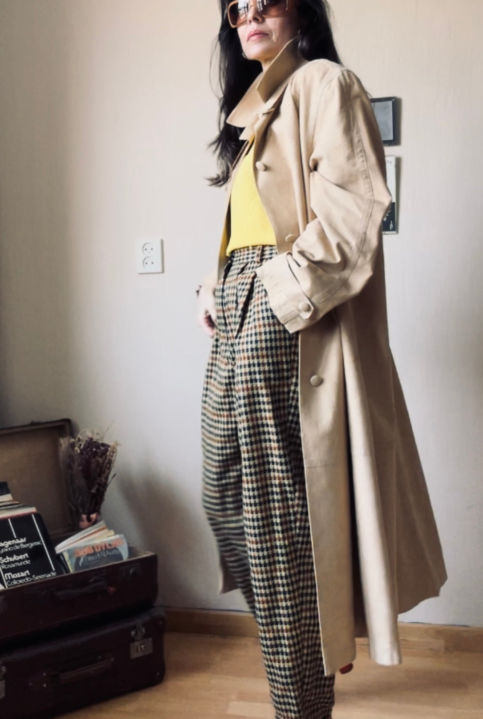 Suede look maxi vintage trenchcoat