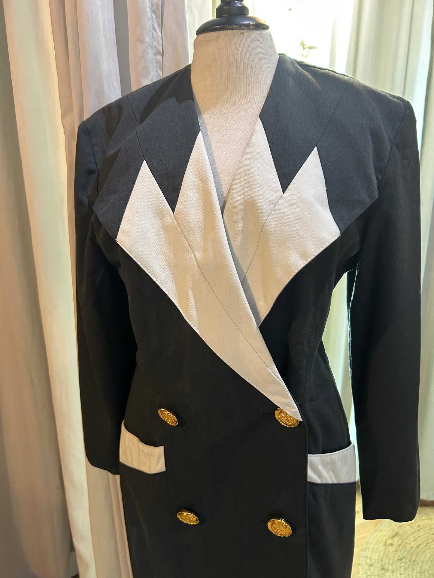 Vintage Mikael's Paris 80s Tuxedo Dress | Black & White Power Suit Dress (Size FR 1)