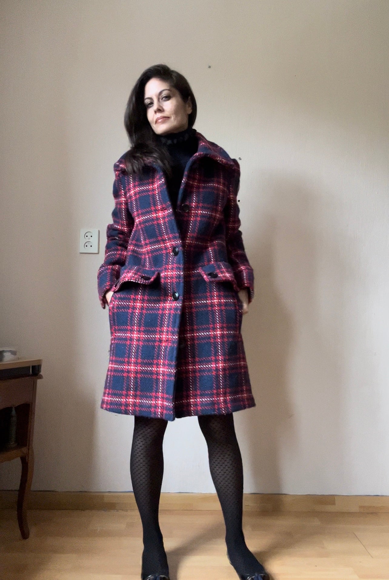 Checkered wool winter coat