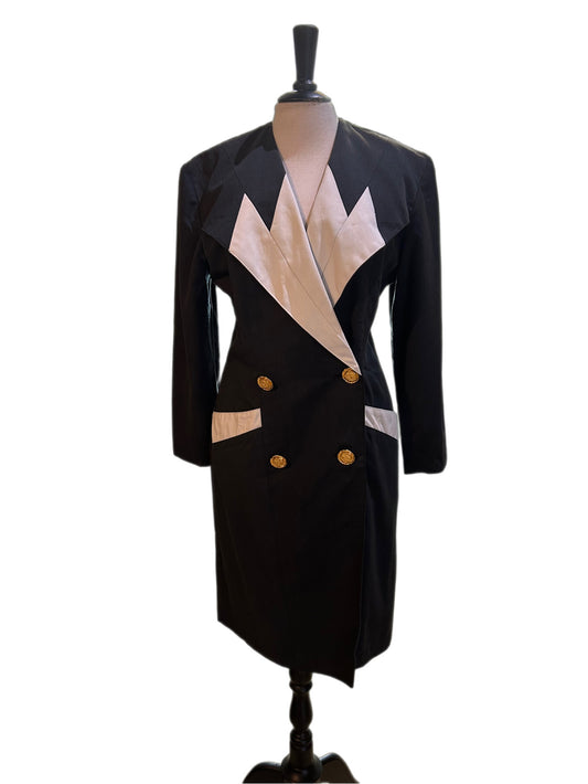 Vintage Mikael's Paris 80s Tuxedo Dress | Black & White Power Suit Dress (Size FR 1)