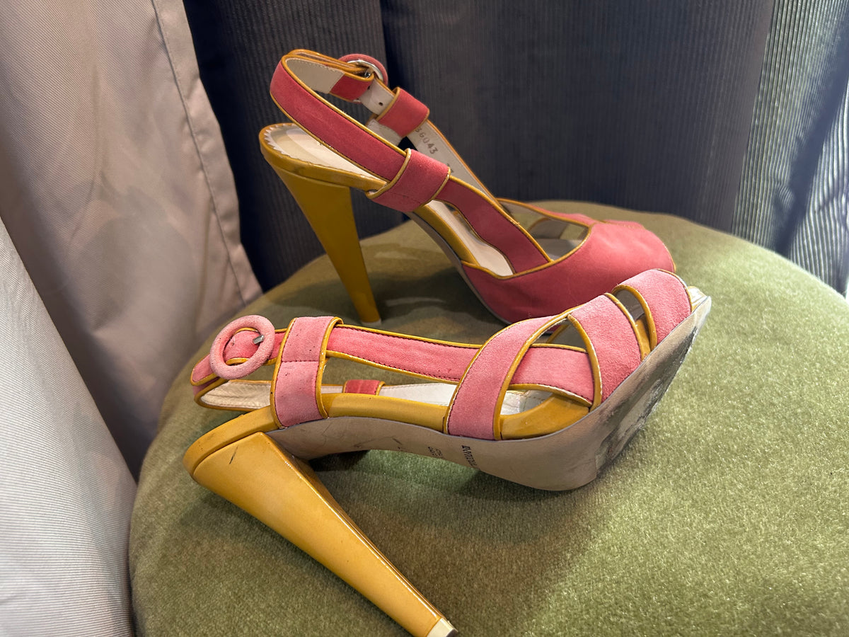 Emporio Armani Pink Suede & Mustard Yellow Leather Heeled Sandals (Size 37)